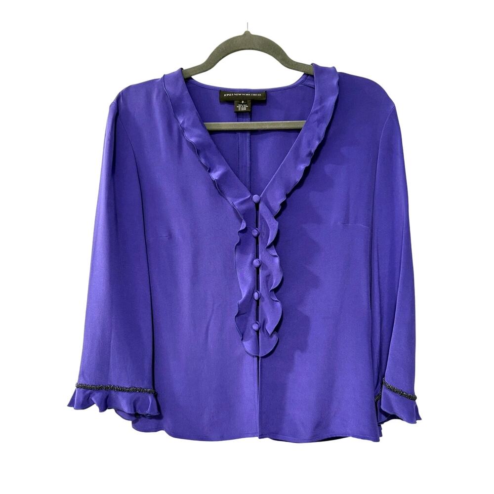 Silk 2 Pc Set Purple Beaded Ruffle Jacket VNTG A-Line Maxi Slip Dress Jones NY 8 - Picture 4 of 11